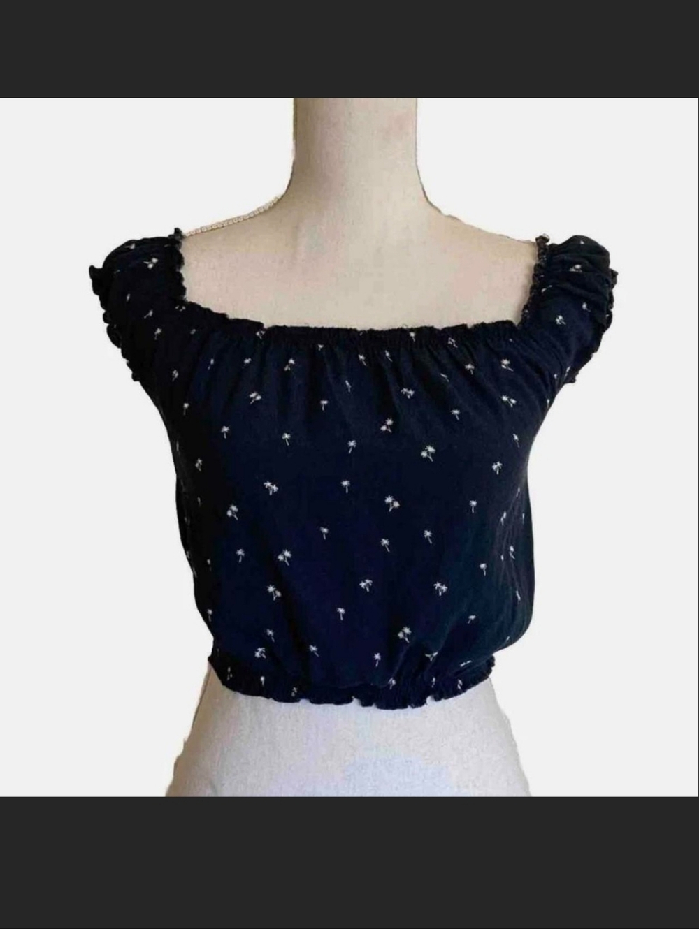 Brandy Melville Black Floral Smocked Off-Shoulder Crop Top